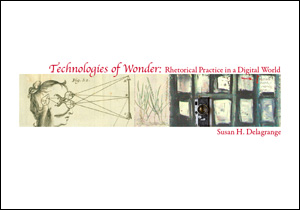 Cover image of Technologies of Wonder, featuring a collage of images that includes a drawing of a face with angled lines extending from the eyes, painted rectangular tiles, and a camera.