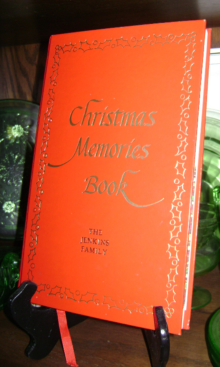 Photos of red leather-bound Christmas Memory Book, with ’The Jenkins Family’ embossed on it