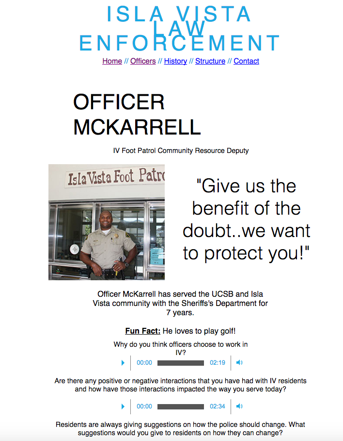 Webpage featuring interview with Officer McCarrell with text: Give us the benefit of the doubt. We want to protect you.