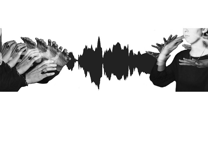 two hands on the left, in motion; a black soundwave in the middle; and a woman using sign language on the right