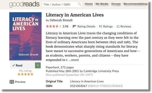 Fig. 5. Goodreads.com portal for Deborah Brandt’s (2001) Literacy in American Lives, which builds on Brandt’s earlier work on the concept of literacy sponsorship.