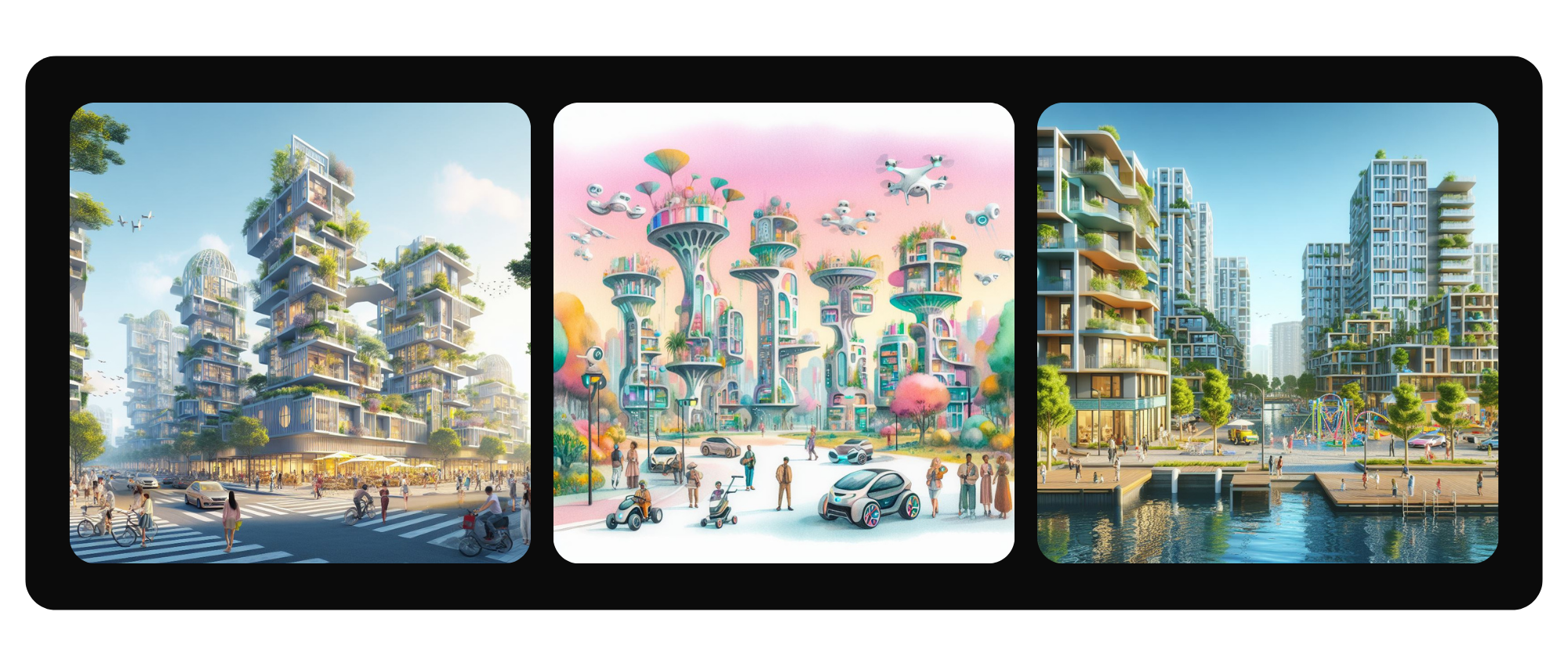 Three images arranged horizontally depict different futuristic urban environments with green architecture and vibrant public spaces.
	1.	Left Image: A futuristic cityscape with modular, stacked buildings covered in greenery, featuring open terraces, rooftop gardens, and glass facades. The street is lively with pedestrians, cyclists, and cars, while birds fly in a bright, clear sky.
	2.	Center Image: A whimsical, futuristic city with tall, mushroom-like towers supporting elevated buildings. The pastel-toned scene features pink skies, drones flying above, and people walking among colorful structures and greenery. Small autonomous vehicles contribute to the high-tech aesthetic.
	3.	Right Image: A waterfront urban environment with modern, terraced apartment buildings integrated with greenery. A vibrant public space includes a boardwalk, a pedestrian bridge, a playground, and people engaging with the water. The scene is bright and inviting, with reflections of the city in the water.