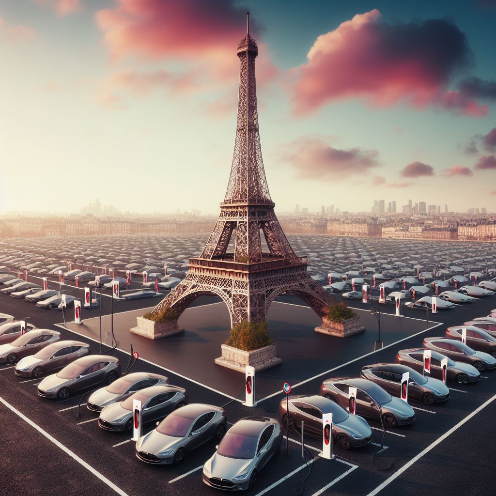 A surreal scene featuring the Eiffel Tower surrounded by an enormous parking lot filled with electric cars. The cars are neatly arranged in rows, with many plugged into charging stations. The sky has a warm, atmospheric glow with pink and orange clouds. In the background, the Paris cityscape is visible, but the vast sea of parked cars dominates the scene, creating a striking contrast between historic architecture and modern car infrastructure.