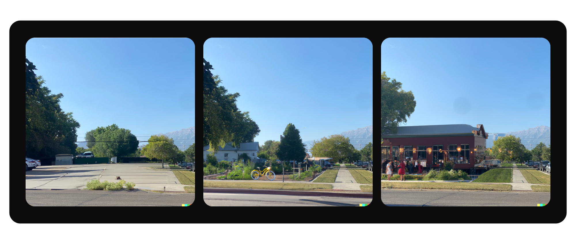 Three images arranged horizontally depict the transformation of a parking lot into a vibrant community space.
							1.	Left Image: A nearly empty parking lot with cracked pavement and a few scattered cars. The space is surrounded by trees, with a mountain range in the background. The scene feels underutilized, dominated by concrete.
							2.	Center Image: The parking lot has been replaced by a lush community garden with walking paths, greenery, and a bright yellow bike rack in the foreground. The area is now inviting, with trees and plants creating a more natural, pedestrian-friendly space.
							3.	Right Image: The space has further evolved into a lively social hub with a café or community building. People are gathered outside, engaged in conversation, and enjoying the environment. The transformation highlights the shift from car-centric design to a people-focused urban space, fostering social interaction and sustainability.