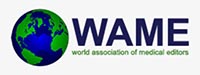 Logo for the World Association of Medical Editors, a white rectangular background with a slightly transparent blue and green image of the world to the left of dark blue block letters atop red lowercase letters