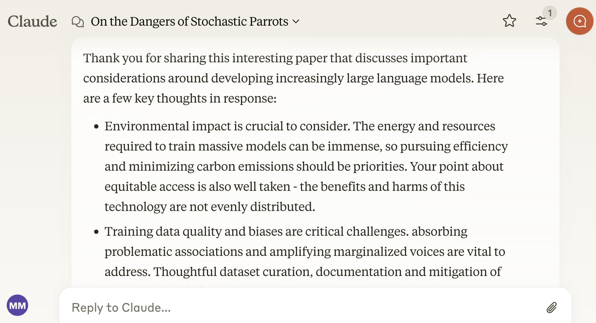 Screenshot of Claude GPT chatbot summarizing 'On the Dangers of Stochastic Parrots.' ChatGPT's key points: 'Environmental impact is crucial to consider,' and 'Training data quality and biases are critical challenges.'