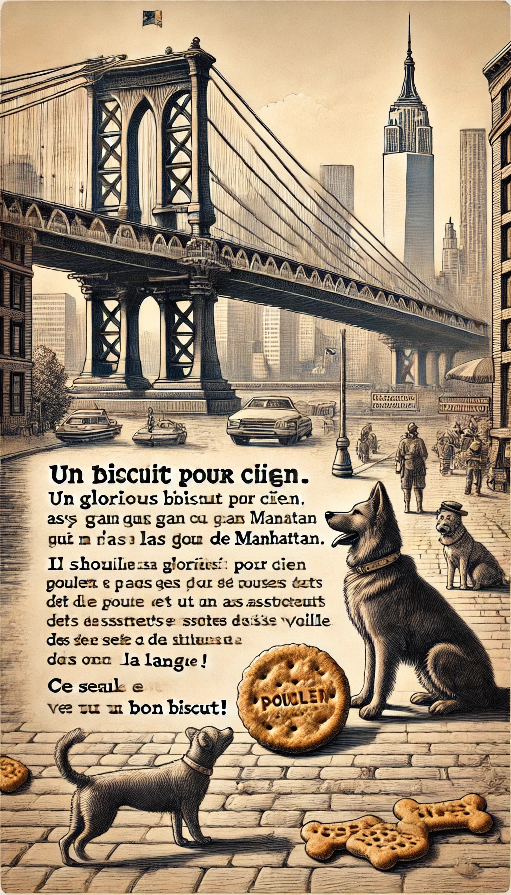AI-generated line drawing of a city with a bridge and tall buildings in the background. In the foreground are nonsense words and several dogs, as well as some images of cookies or dog biscuits