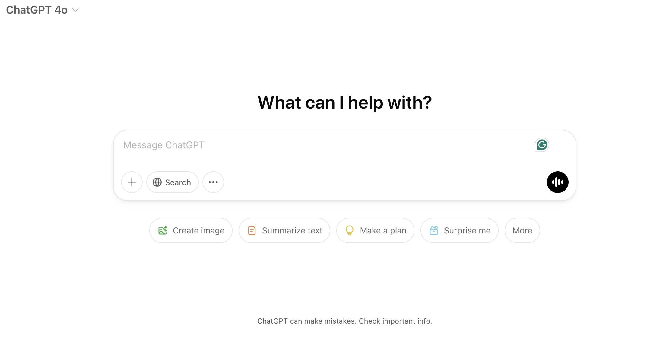 Still from OpenAI video promoting ChatGPT 4 showing the words 'What can I help you with?' above a text input box. Below the text input are buttons for 'Create image,' 'Summarize text,' 'Make a plan,' 'Surprise me,' and 'More.' In small print at the bottom: 'ChatGPT can make mistakes. Check important info.'