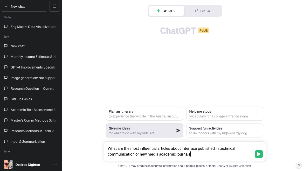ChatGPT 3.5 Interface. Buttons at the top of the screen allow the reader to choose between ChatGPT 3.5 and ChatGPT 4.0. Above the user input box at the bottom are four suggested prompts: 'Plan an itinerary,' 'Help me study,' 'Give me ideas,' and 'Suggest fun activities.'