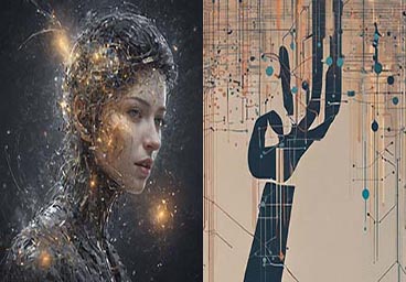 AI-generated image of a robot made of wires with a femail human face on the left and an abstract representation of a dark-colored hand stretched across a beige background.