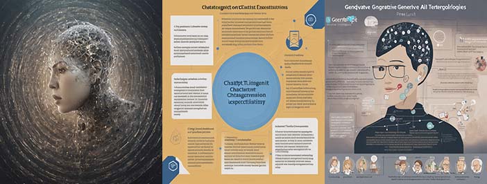 AI-generated triptych: on the left, inside a series of circles of bright lights in motion sits a disembodied head that is primarily made of wires but has a human female face; on the right a picture of an unreadable flier with black text on white background in text boxes, a pale blue oval in the center, and dark text on a dark beige background. On the right is another flyer, similar to those used to advertise an event--it features a cartoonish drawing of a woman's head dominating the center of the page; a bottom footer section features several circles with blurry images of heads. The flyer is dark grey with a peach colored center running diagonally through it; the (unreadable) text is black. A white-colored title proclaims 'Gendvatve Gngrative Ail Tertergolrlogies.'