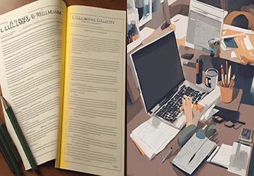 AI-generated images: on the left is an image of two books with grey (unreadable) text on cream-colored pages, one is folded back on itself and a yellow glow appears at the margin where the book is folded. Two green pencils lay across one of the books in the bottom left corner. On the right is a drawing of a messy desk with a laptop, a cup full of pens and pencils, a coffee mug, some documents, and an unidentified object that appears to be a disembodied hand hovering over the laptop keyboard.