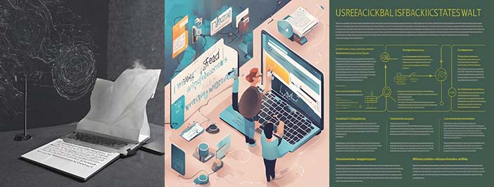 AI-generated triptych: on the left appears a black-and-white image of a computer keyboard with paper rising from it, similar to a typewriter; in the center is a small figure typing on a giant laptop, with screens of information surrounding the figure. On the right is a blurry image of a flyer with (unreadable) white an yellow text on a dark green background.