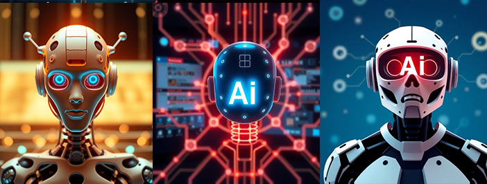 AI-generated image of three robots.The left-hand robot is a brightly-lit orange with neon light blue eyes. The center robot is dark blue and set into a network of neon red network lines; it has no facial features. The right-hand robot is white, with a downturned mouth, on a blue background. The center and right robots have the letters 'AI' stamped on their faces.