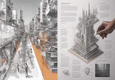 AI-generated images: on the left, a primarily black-and white cityscape with sketched buildings on either side of a wide white walkway, several people and trees are present on the walkway. The ground beneath the buildings is orange. On the right, a blurry infographic-style image features an oddly shaped building in the center surrounded by text descriptions connected to it by lines; there is a realistic looking white human hand coming in from the top right corner to add detail to the drawing of the building.