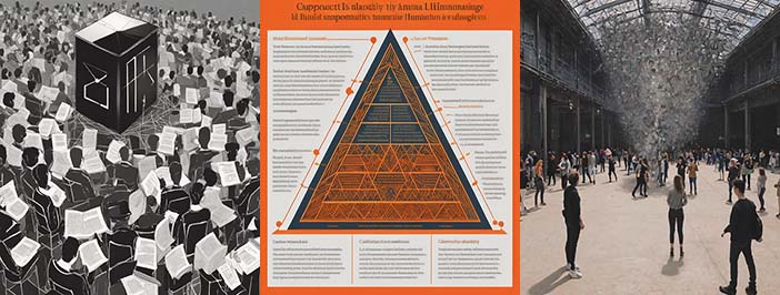 AI-generated triptych: On the left is an abstract black and white drawing of many people in chairs holding documents in front of them as they surround a large dark black box with mysterious symbols. In the center an infographic-style image features a pyramid-shaped architectural drawing in the center surrounded by text descriptions connected to it by lines, the background is bright orange and the pyramid is orange and dark blue. On the right is an image of a large open hall with a skylight that is full of people, but in the center a cone of small flying objects flies up from a point on the floor, widening as it reaches toward the skylight.
