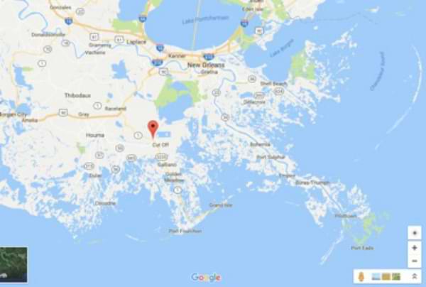 Screen grab of Google Maps representation of the area surrounding Larose, LA. On the map, a red marker icon pinpoints where Larose is in relation to New Orleans, other surrounding small towns, and surrounding waterways, inlet, and the Gulf of Mexico.