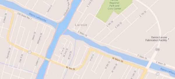 Screen grab of Google Maps representation of the intersection of the Bayou Lafourche and Gulf Intracoastal Waterway, which is located near the Southern Sting Tattoo Parlor in Larose, Louisiana.