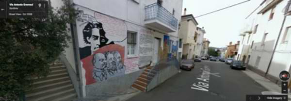 Screen Grab of Google Street View of Mural Depicting Gramsci, Lenin, Engels, and Marx, which is described in detail in the text of this case study.