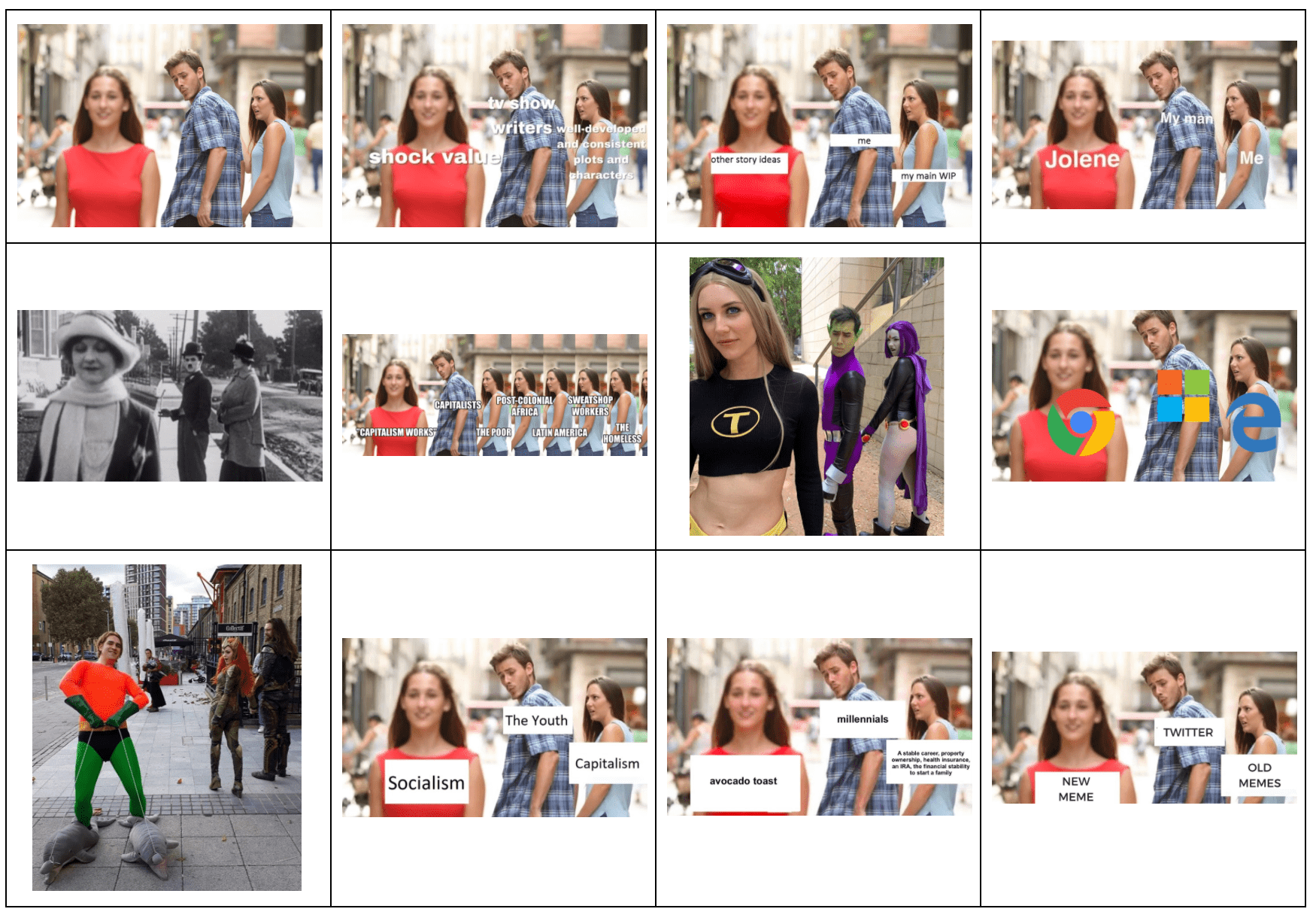 A table with 3 rows and 4 columns containing an image in each cell. The images are different remixes, or versions, of the Distracted Boyfriend meme. This meme is based on a stock photo containing three people. In the stock photo, a woman in a red dress is walking in the direction of the camera on the far left side of the image. A man in a blue plaid shirt is in the center of the image walking the opposite direction but is turning to look at the back of the woman in the red dress. Another woman in a blue shirt is on the far right side of the image, holding hands with the man, and looking at him with an irritated, shocked look. The facial expressions represent the man being more interested in the woman on the left over the woman on the right. In remixes, the three people are covered with either texts or images, resulting in a comparison or judgement made by the man character about the two women characters. Some remixes recreate the original stock photo with other people or toys in the same positions as original figures.