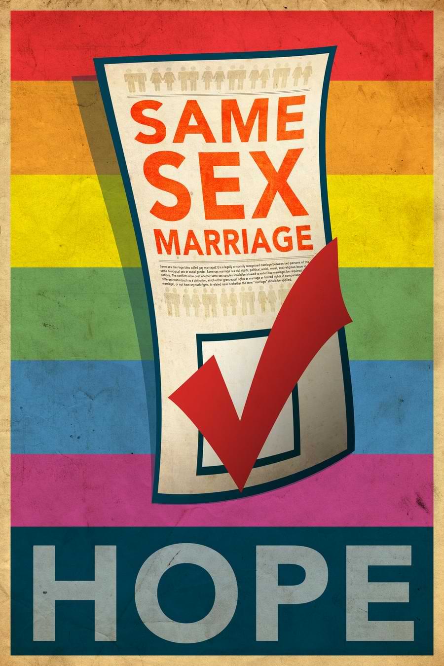 A remix of Shepard Fairey’s Hope poster with a rainbow background, a checked same-sex marriage box, and the word Hope beneath.