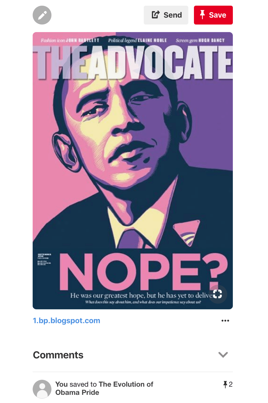 Cover of The Advocate featuring a remix of Obama Hope in pink, blue, and purple hues with the word Nope? beneath. In this portrait, Obama's lapel is an inverted triangle, a symbol for LGBT pride.