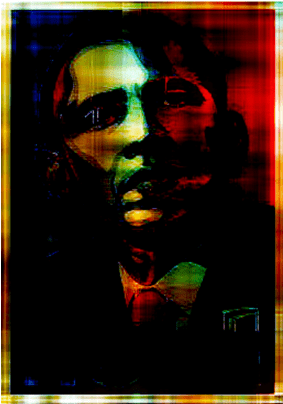 One image that resulted from using several different tools from the GenerateMe package on the Obama Hope image that keeps the frame of the Obama Hope poster intact but darkens the colors to the point of blotting out Hope at the bottom of the image and pixel streaking that pulls Obama’s face downward as though it was dripping.