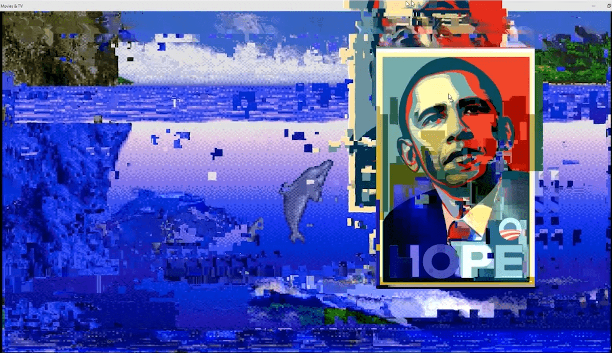 An image meld between the Obama Hope poster and Ecco the Dolphin (2010) displaying much of the poster with a trail behind it adding to the layers of Obama Hope to
          the image.