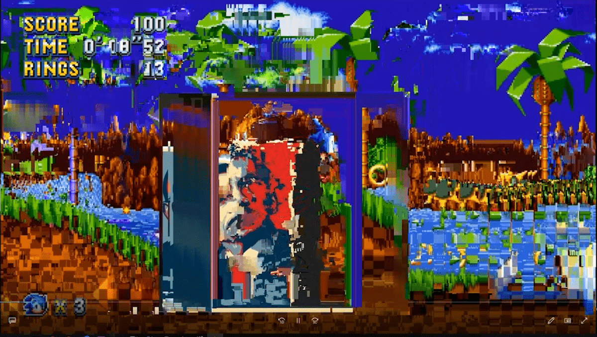 An image meld between the Obama Hope poster and Sonic Mania (2017) featuring an expanding image of the Obama Hope post that results in distorting ripples on Sonic Mania.