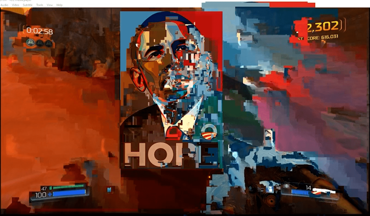 An image meld between the Obama Hope poster and DOOM (2016) in which the color from the Obama Hope poster has smeared onto the landscape of DOOM.