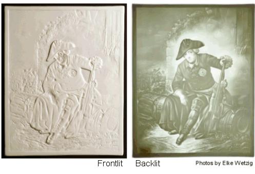 Traditional porcelain lithophane depicting Friedrich II after the Battle of Kolin by Julius Schrader. The image shows the white porcelain lithophane without light behind it and then a contrasting image where the lithophane is lit from behind. Illuminated, the porcelain reveals a military officer with a wooden leg sitting on a barrel and holding his rifle. When lit, the viewer can see how the different levels of porcelain create thicker and thinner areas where light shines through and reveals the image