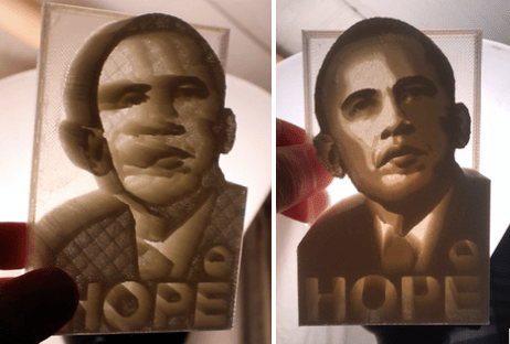 Two Obama hope lithophanes lit from behind. One shows a view from the side and one a view from the front