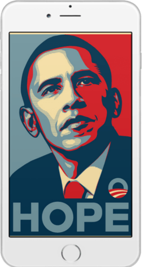A close-up image of Barack Obama gazing upwards stylized in red, white, and blue filters. The image is framed with a white iPhone border so as to resemble a smartphone screen.
