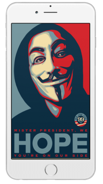 A remixed version of the Obama Hope image with the main figure in a hoodie and wearing a Guy Fawkes mask. The image is framed with a white iPhone border so as to resemble a smartphone screen.