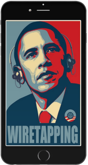 A remixed version of the Obama Hope poster with headphones placed over Obamas head and the text at the bottom of the image replaced with the word Wiretapping. The image is framed with a black iPhone border so as to resemble a smartphone screen.