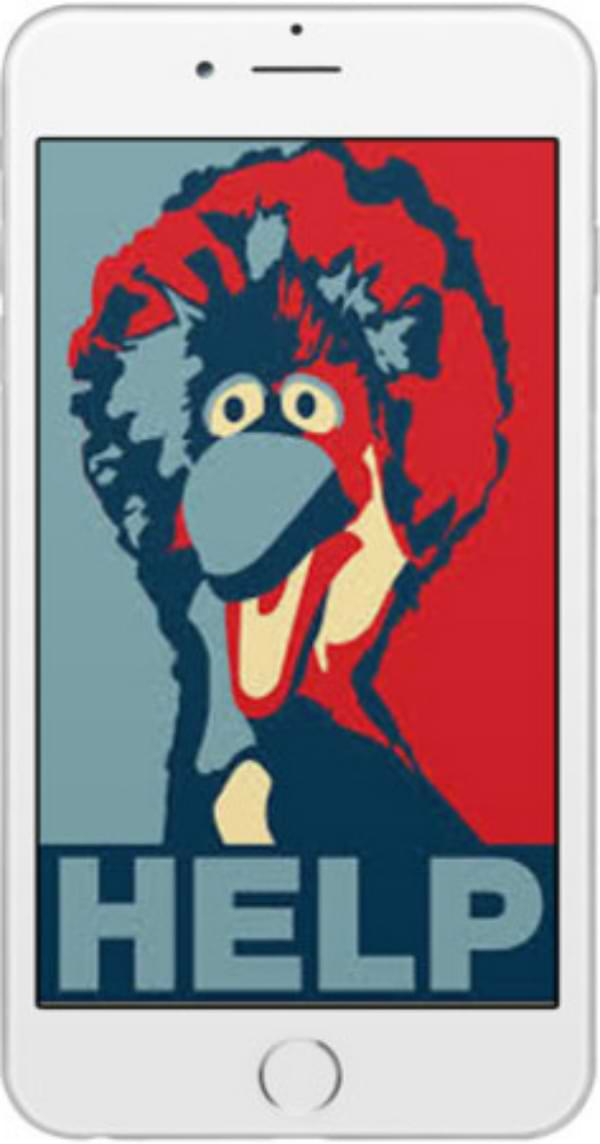 A close-up image of a shocked Big Bird stylized as an Obama Hope portrait with the text at the bottom of the image reading Help. The image is framed with a white iPhone border so as to resemble a smartphone screen.
