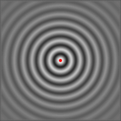 An animated GIF depicting isotropic radiation. A small red dot is in the center of the image with light and dark grey circles radiating out of the center in a concentric fashion.