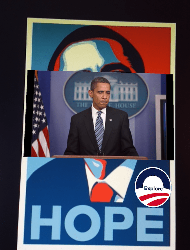 An AR remix of Fairey’s Obama Hope poster. An image of the president looking down and frowning has been superimposed onto the center of the image, and a small circular button in the image’s lower right says Explore.