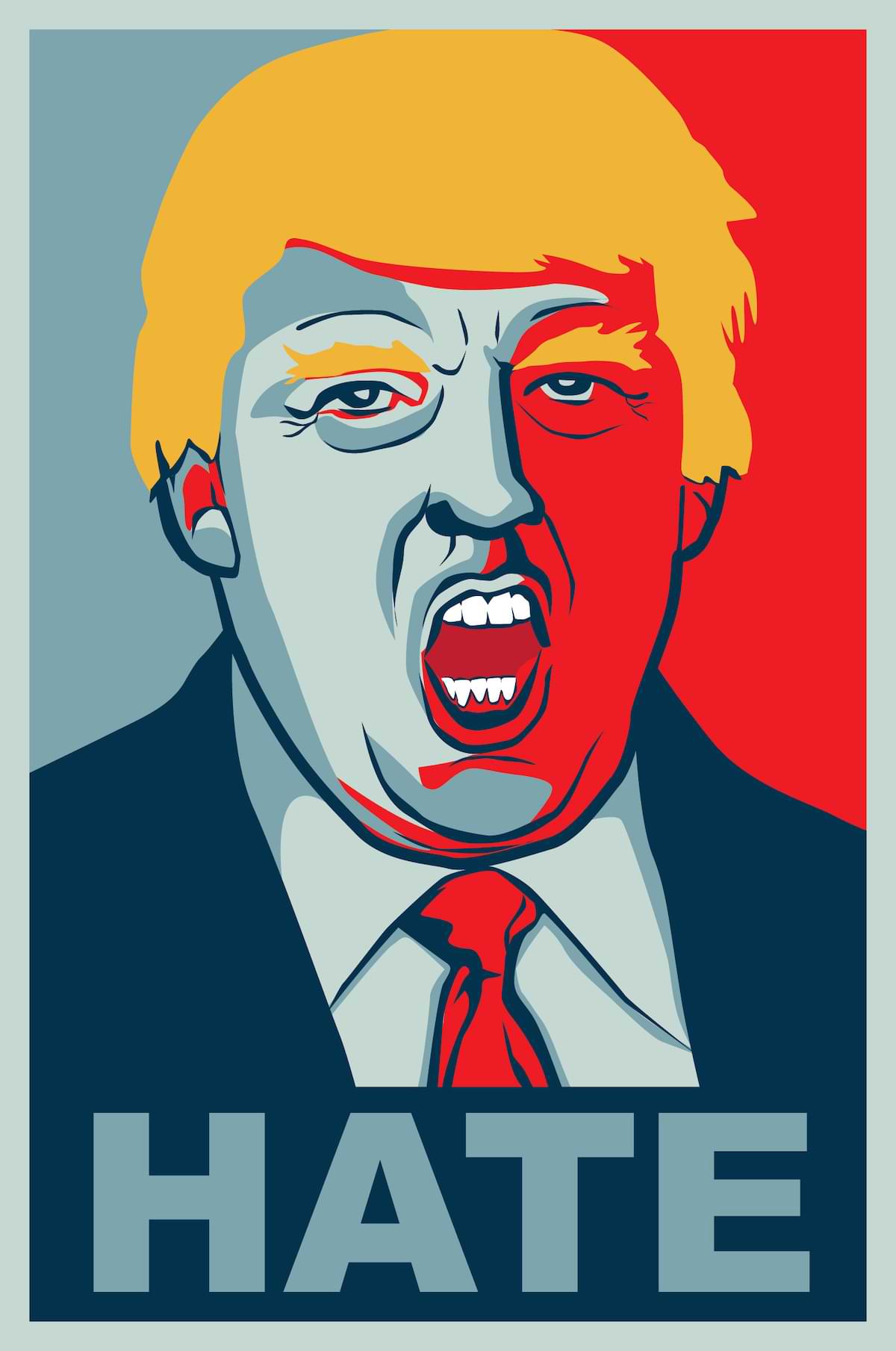 A Trumpicon depicting Donald Trump with bright yellow hair and mouth agape. The caption beneath Trump’s portrait is the word Hate. Color palette is red, white, and blue.
