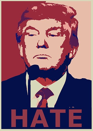 A Trumpicon depicting Donald Trump with a smug expression standing in front of a microphone with the word Hate written beneath. Color palette is red, pink, and blue.