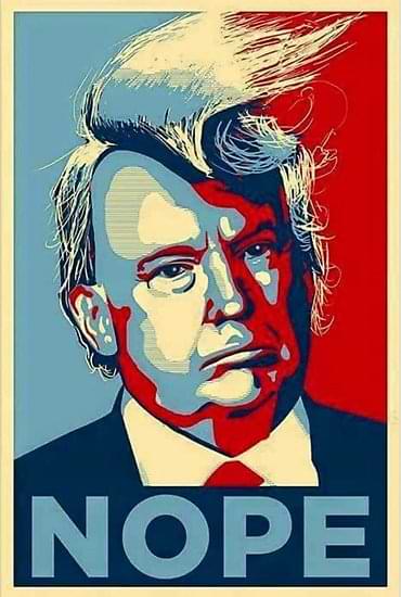 A Trumpicon depicting Donald Trump with wind-blown hair and the word Nope written beneath. Color palette is red, white, and blue.