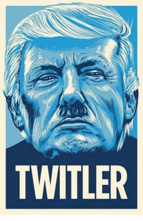 A Trumpicon depicting Donald Trump with a Hitleresque mustache and the word Twitler written beneath. Color palette is dominated by various shades of blue.