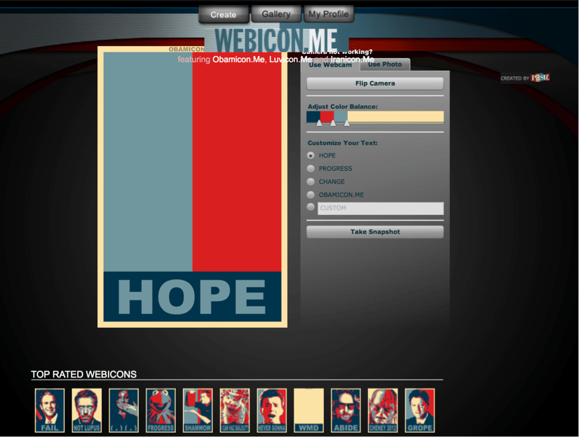 A screenshot of the Obamicon generator from the Wayback Machine where visitors can take or upload photos and transform images into the Obamicon style with the navy blue, red, grey, and yellow color scheme and brief caption. The default caption 'hope' is displayed and a row of top rated Obamicons created by other visitors appears at the bottom of the page.