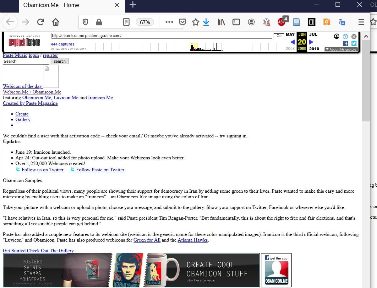 A screenshot of the Obamicon.me homepage from 20 June 2009. The formatting of the page has not been preserved and the text appears in black and blue over a plain white background. The list of announcements includes the launch of the Iranicon image generator on 19 June 2009.