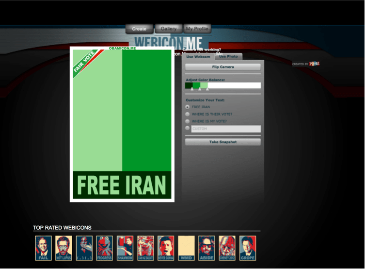 A screenshot of the Iranicon creator from the Wayback Machine where visitors can take or upload photos and transform images into an Iranicon style with different shades of green and a brief caption. The default caption reading free Iran is displayed and there is a row of top rated Obamicons created by other visitors to the site along the bottom of the page.