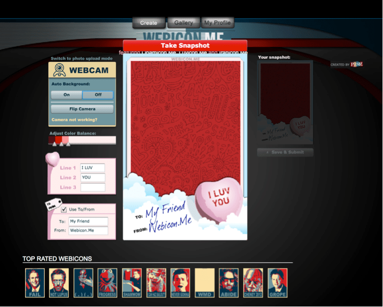 A screenshot of the Luvicon creator from the Wayback machine where visitors can take or upload photos and create an electronic valentine. There are also options to customize the sender, recipient, and candy heart message. Along the bottom of the page is a row of top rated Obamicons created by other visitors to the site.