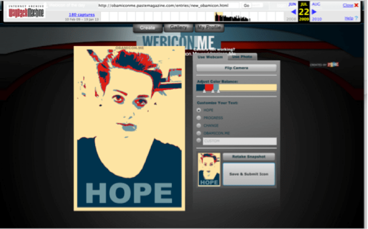 A screenshot of the Obamicon generator in action as preserved by the Wayback Machine. The site features an Obamicon-in-progress with a photo of the author, demonstrating the continued possibility for creating Obamicons with a web camera, even as it is no longer possible to upload or download images.