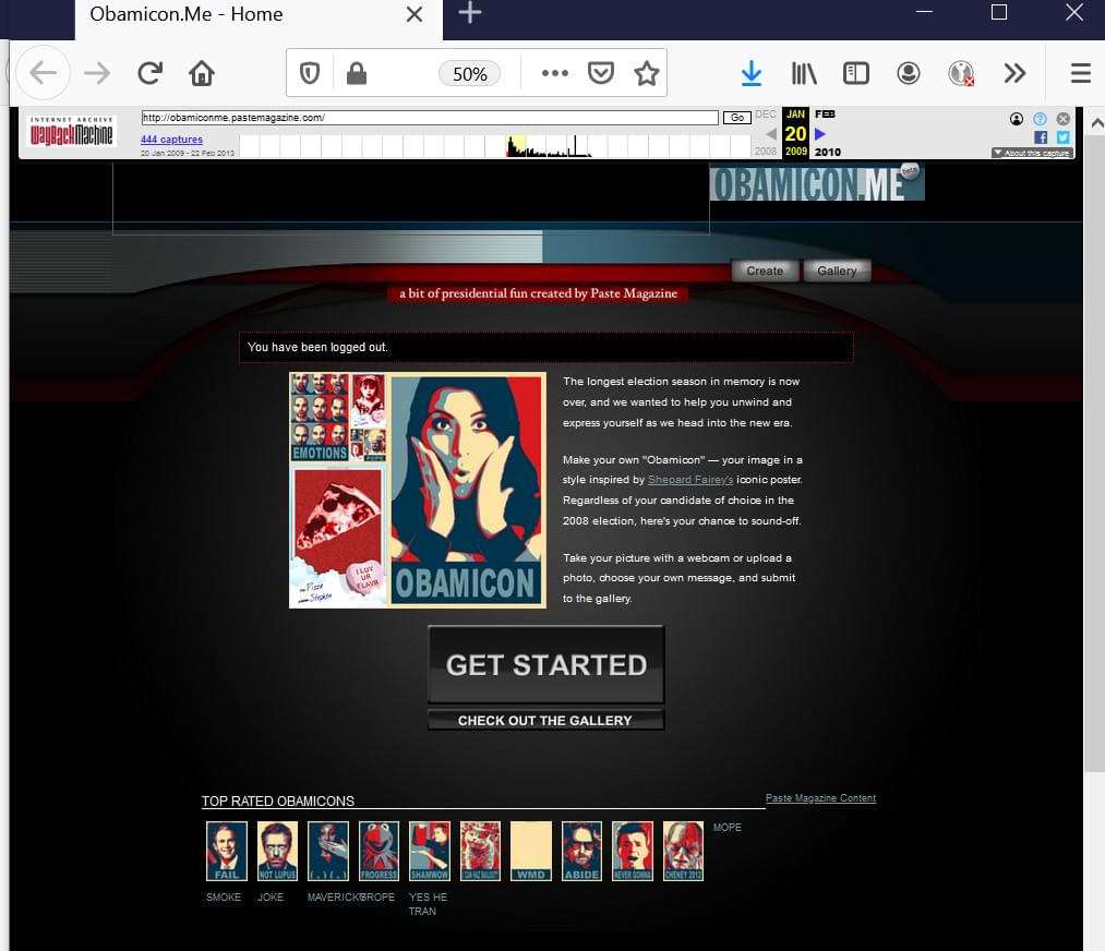 A screenshot of the Obamicon.Me homepage from 20 January 2009, featuring a description of Obamcons reading the longest election season in memory is now over, and wanted to help you unwind and express yourself as we head into the new era. Make your own Obamicon -- your image in a style inspired by Shephard Fairey's iconic poster. Regardless of your candidate of choice in the 2008 election, here's your chance to sound-off. Take your picture with a webcam or upload a photo, choose your own message, and submit it to the gallery.