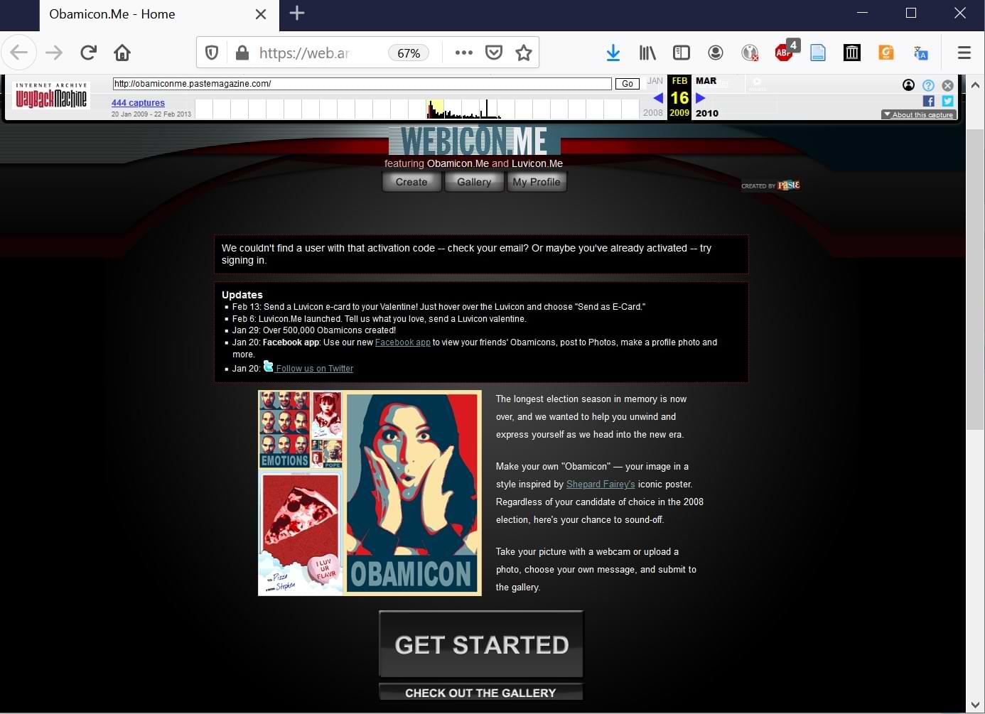A screenshot of the Obamicon.Me homepage from 16 February 2009, featuring a list of updates, including the launch of the Luvicon.Me electronic valentine generator on 6 February 2009.