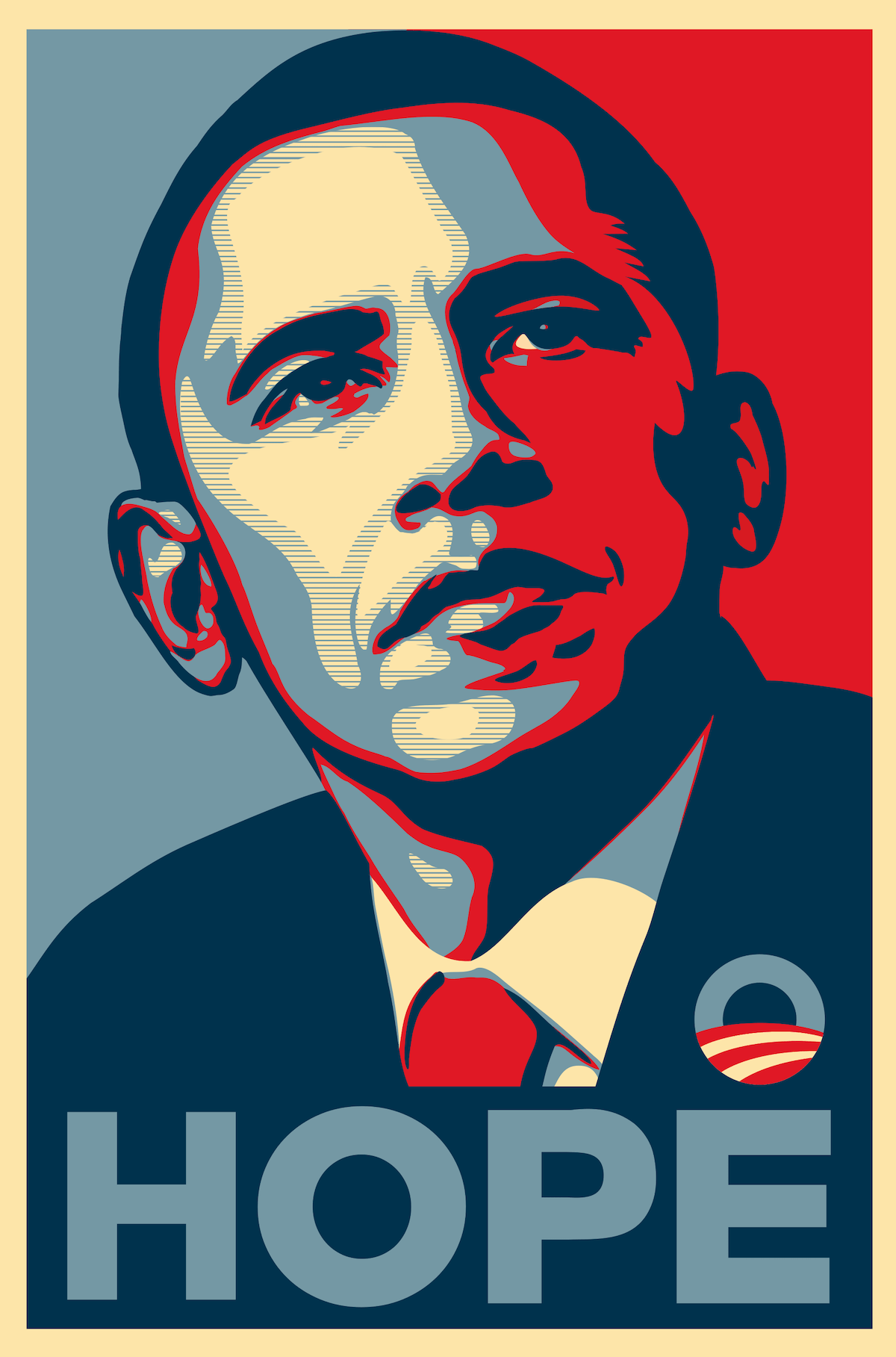 A red, white, and blue vector portrait of Barack Obama dressed in a suit with his 2008 campaign logo on the lapel. The word HOPE sits beneath Obama’s portrait.